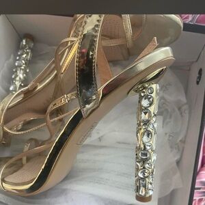 Gold Jeweled Block Heel Strappy Sandals